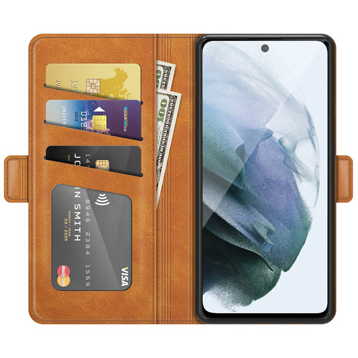 Bruine telefoonhoes open met telefoon, creditcards en contant geld.