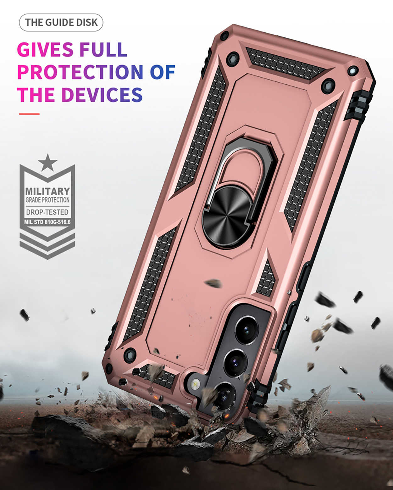 Roze telefoonhoesje met een ringstandaard. Tekst: 'MILITARY GRADE PROTECTION'. Hoesje ligt op een oppervlak met puin.