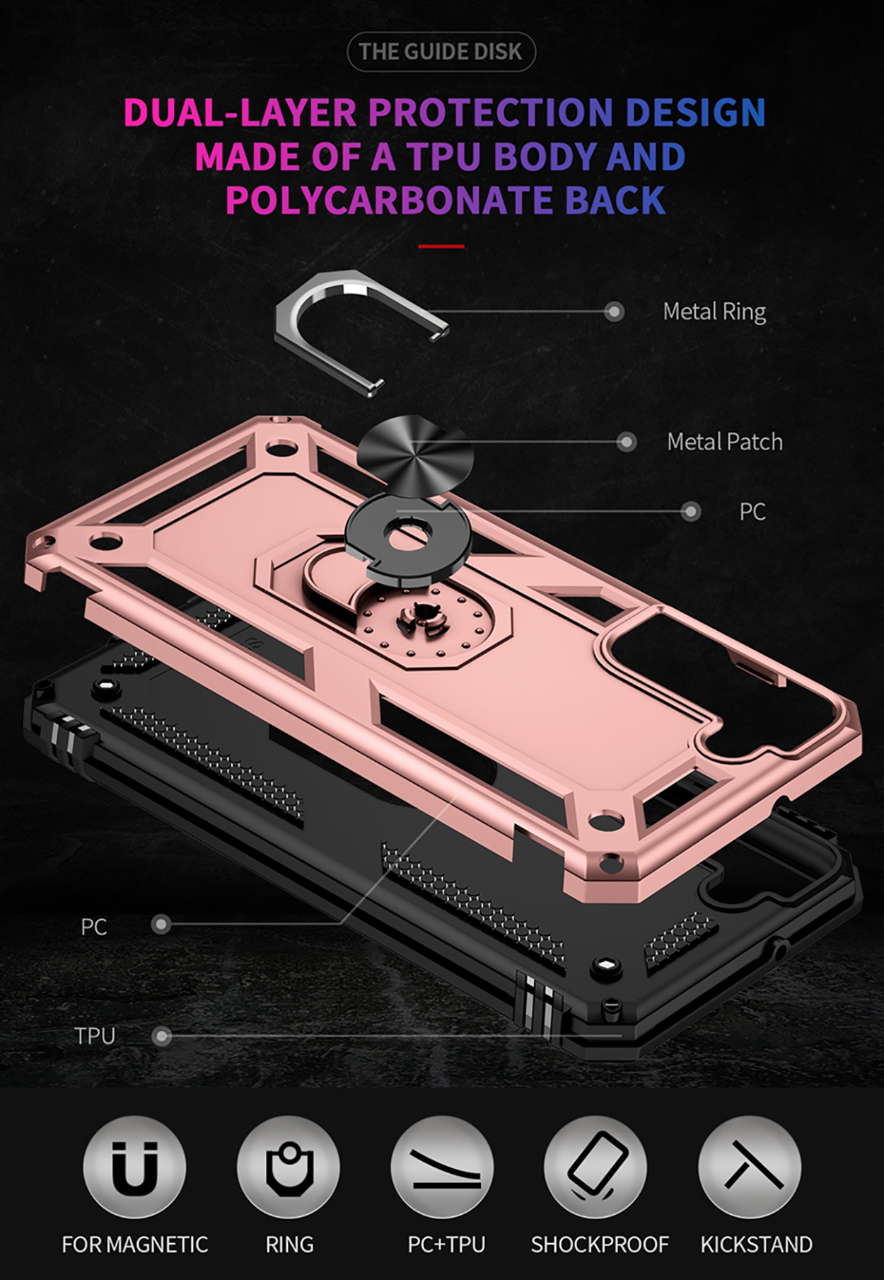 Telefoonhoes met metalen ring en standaard. Toont de lagen en de telefoon binnenin.
