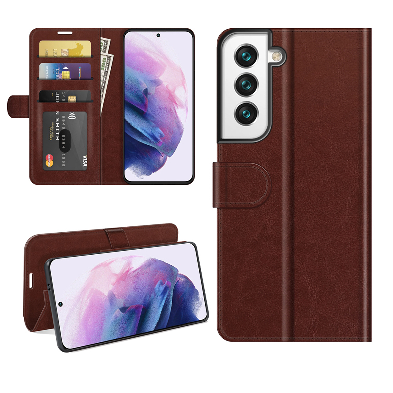 Un étui portefeuille marron ouvert avec des cartes et de l'argent. L'écran du téléphone est visible dans l'étui.