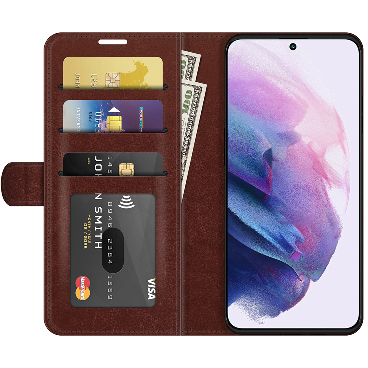 Étui de téléphone marron ouvert, tenant un téléphone. Il y a des cartes de crédit et de l'argent.