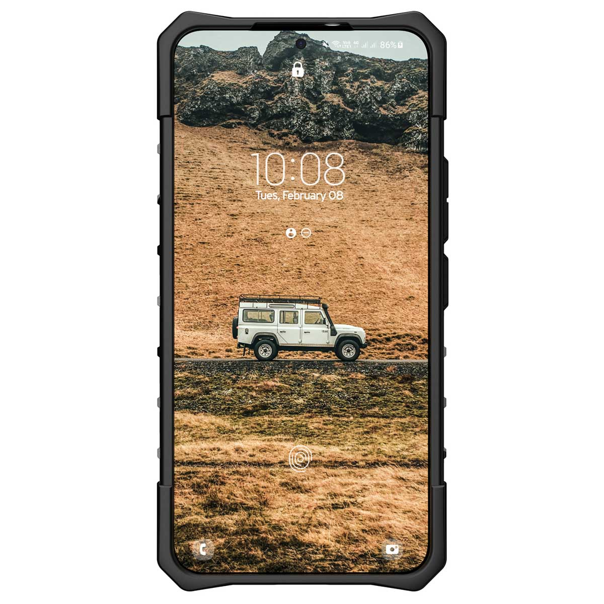 Smartphone-Bildschirm mit einem Auto auf einer Straße. Brauner und grüner Hintergrund.