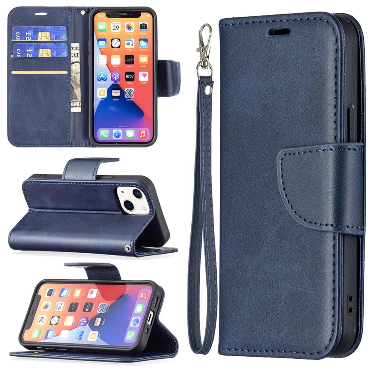 Blauwe telefoonhoes met telefoon erin. Bevat creditcards en een telefoon met apps. De hoes heeft een riem.