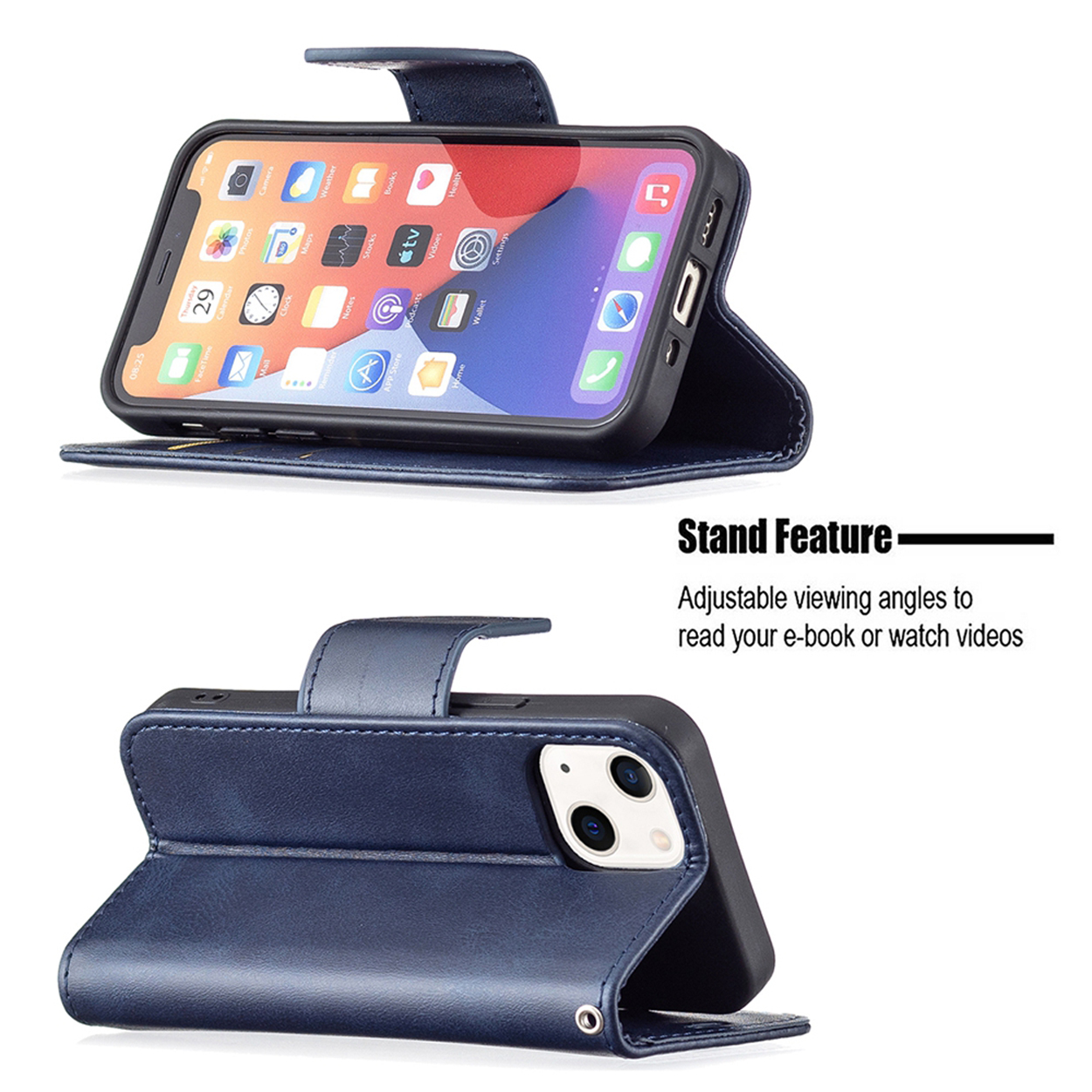 Een telefoon in een blauwe leren hoes, open en dicht, met het scherm en de standfunctie.
