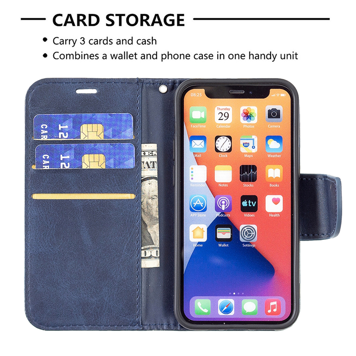 Blauwe telefoonhoes met kaarten en contant geld. Toont een telefoonscherm met app-iconen.