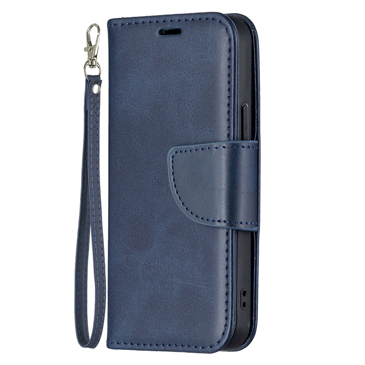 Blauwe leren telefoonhoes met riem. Gesloten met flap, open met telefoon.