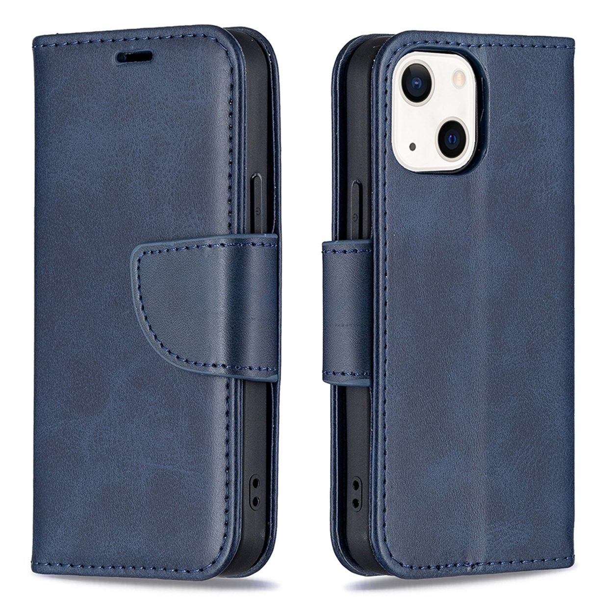 Blauwe telefoonhoes met een telefoon erin. De hoes is gesloten en heeft een druksluiting.