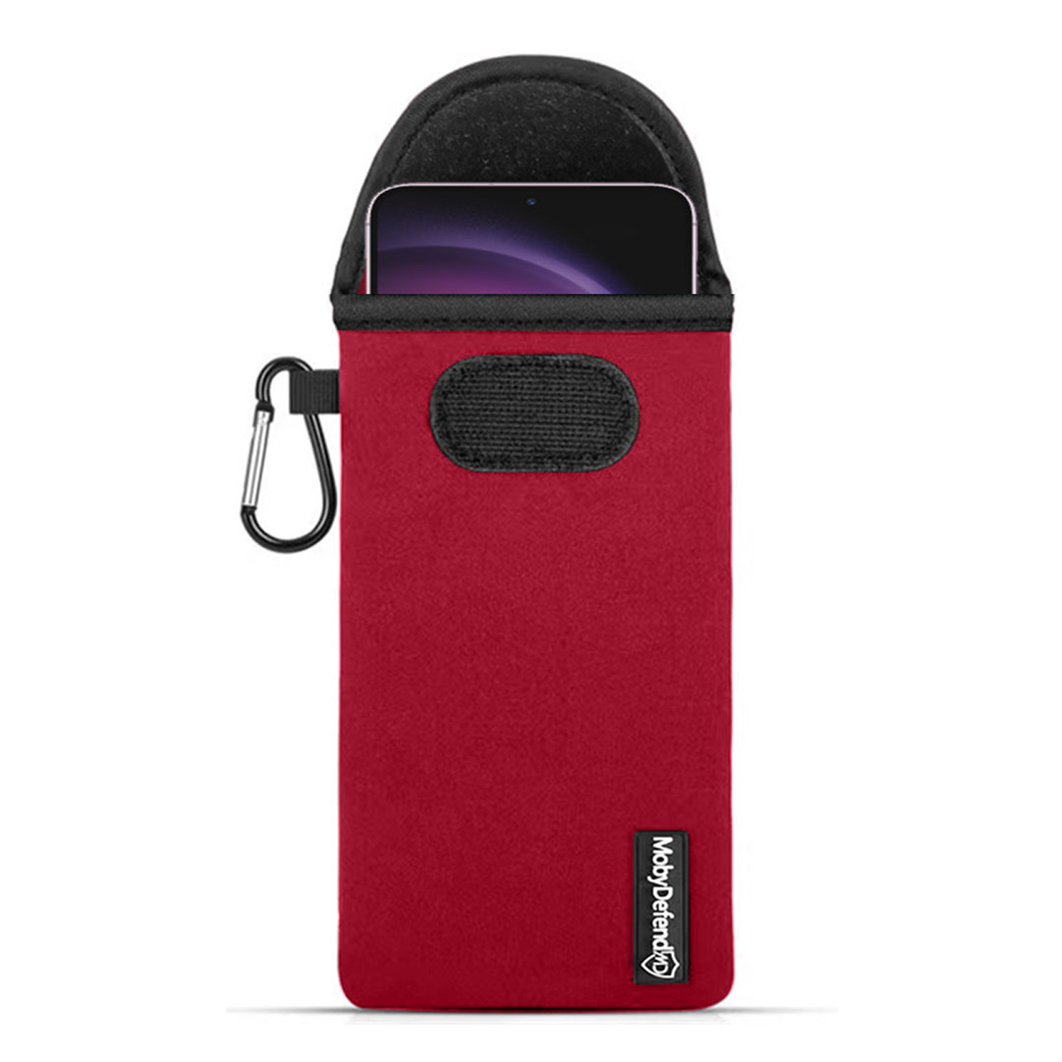 Een rode telefoontas met een karabijnhaak, voor een telefoon erin, ontworpen voor draagbaarheid en bescherming.