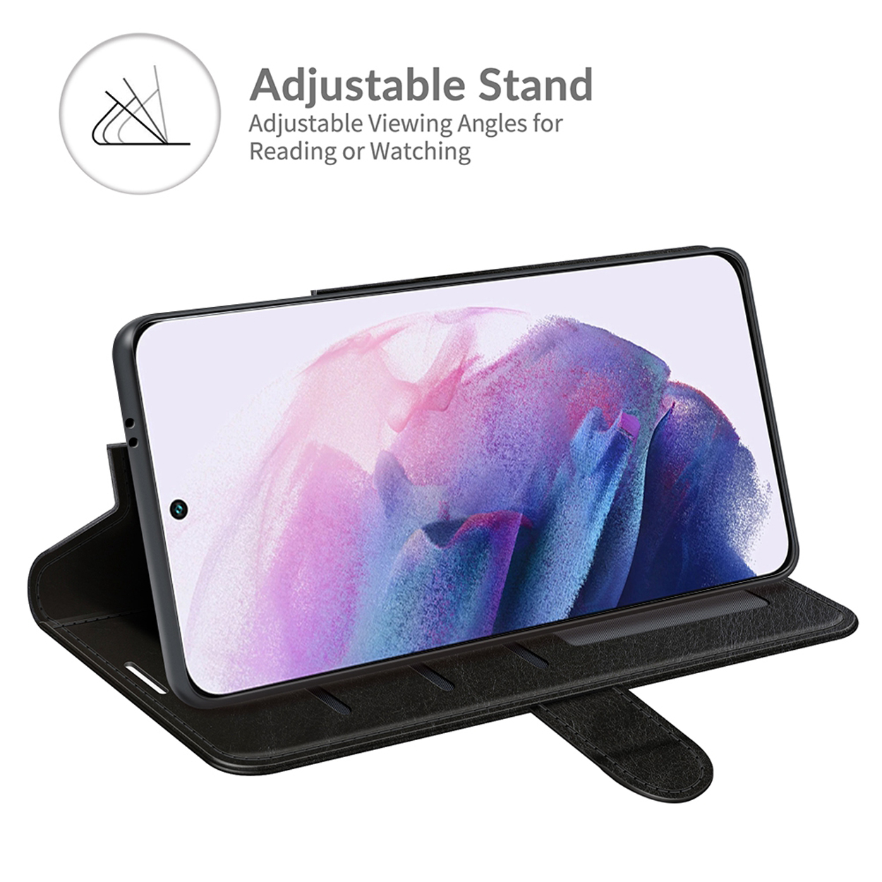 Een zwart telefoonhoesje, open, met een telefoon, met een verstelbare standfunctie om te lezen of te kijken.