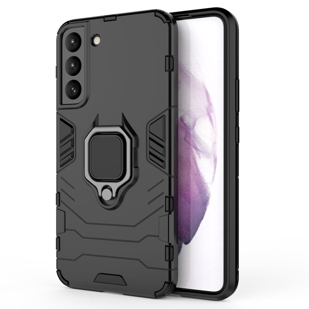 Une coque de téléphone noire avec un support d'anneau argenté, à côté d'un téléphone. L'écran du téléphone est visible.