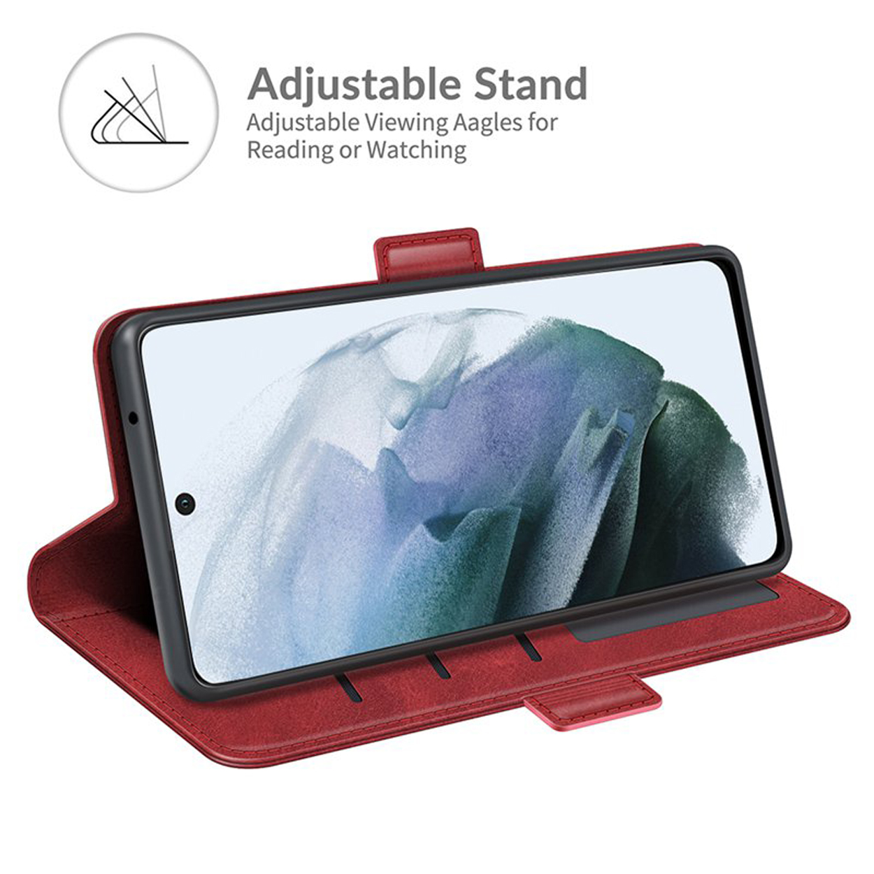 Rode telefoonhoes, met een telefoon erin, gebruikt als verstelbare standaard om te lezen of te kijken.