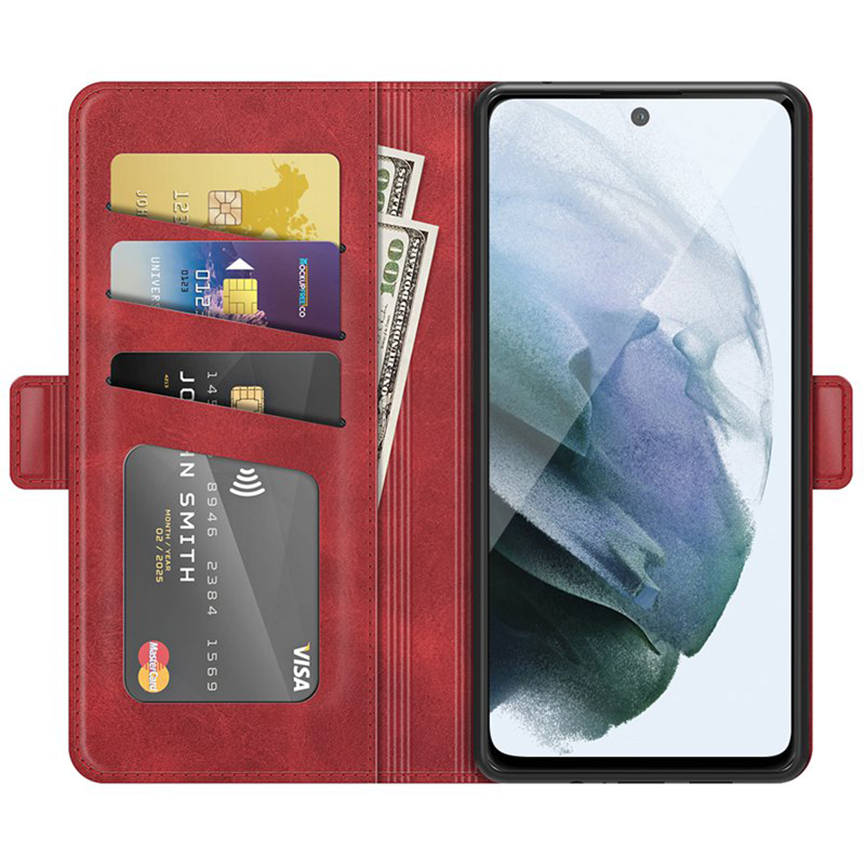 Rode telefoonhoes open, met een telefoon en creditcards. Bevat geld en een zwarte telefoon. Kaarten en telefoon zichtbaar.