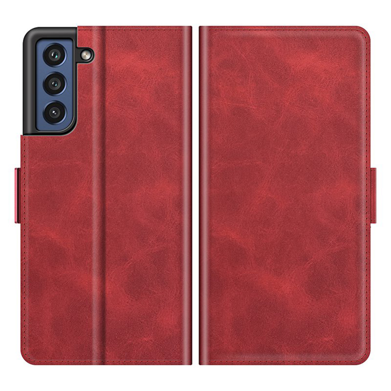Een rood telefoonhoesje, gesloten, met de voor- en achterkant van een telefoonhoesje. De hoes heeft een leerachtige textuur.