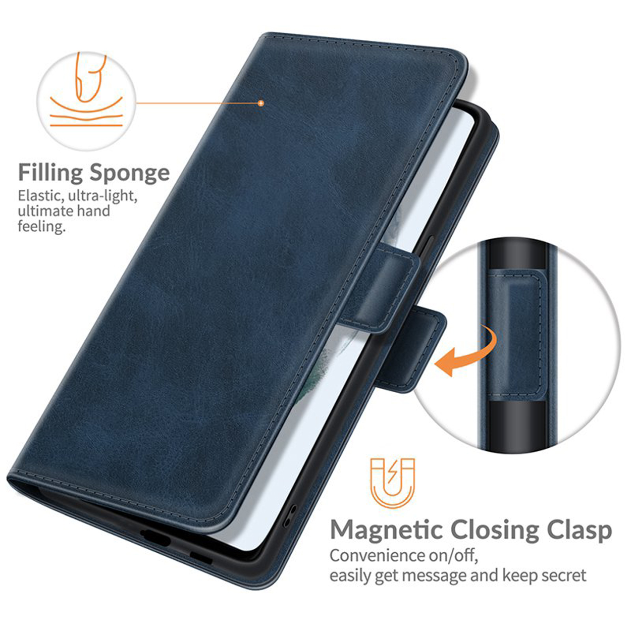 Blauwe telefoonhoes open met telefoon erin. Het heeft een magnetische sluiting.