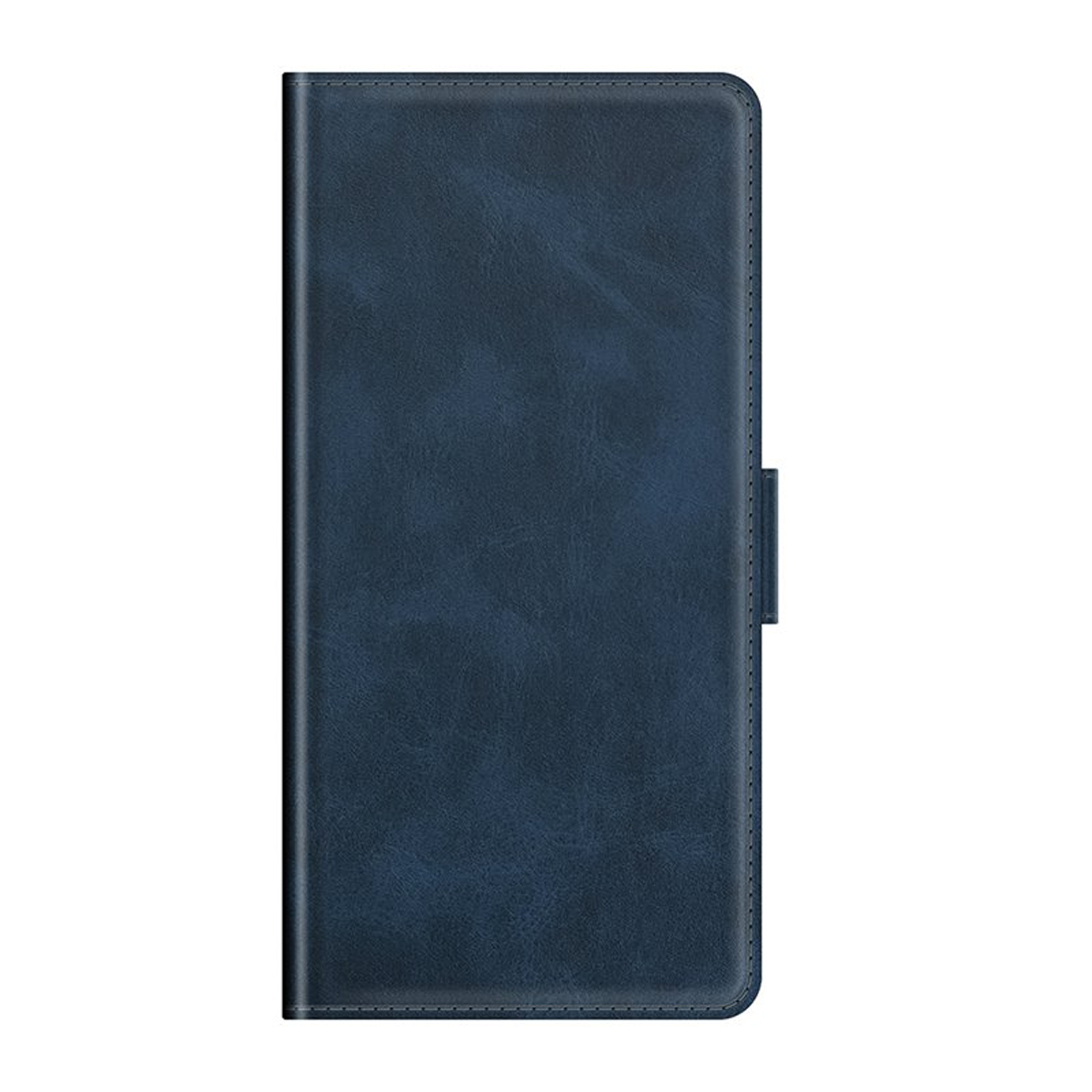 Een gesloten, donkerblauwe lederen telefoonhoes.