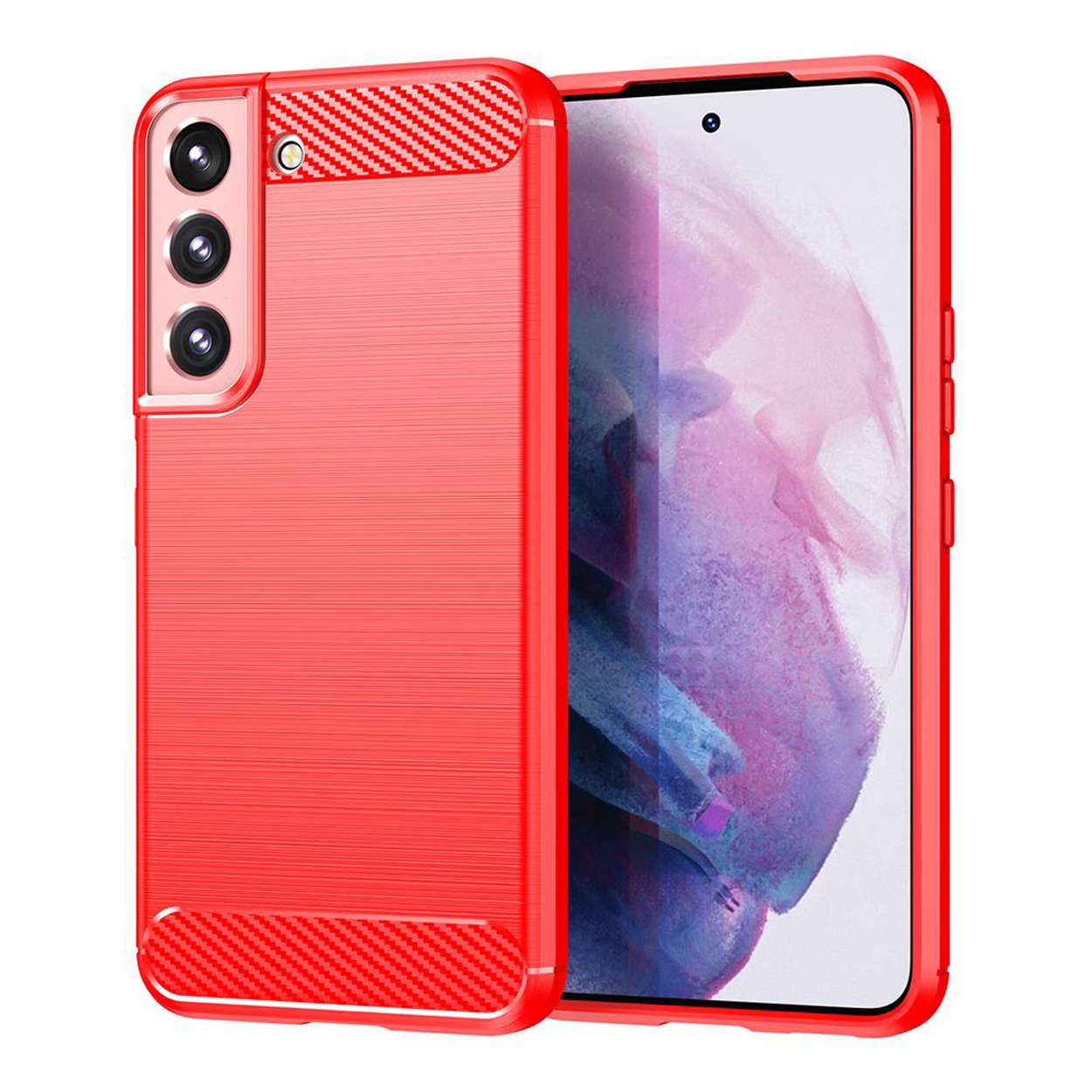 Een rode telefoonhoes met een textuurontwerp en een telefoonscherm.