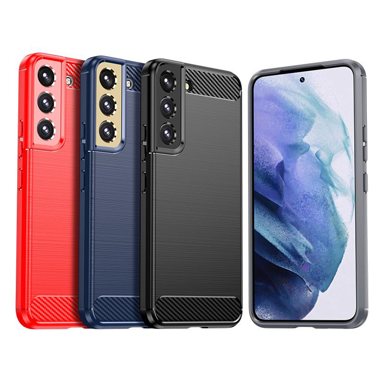 Drie telefoonhoesjes: rood, blauw en zwart, met textuurontwerpen en telefoonschermen.