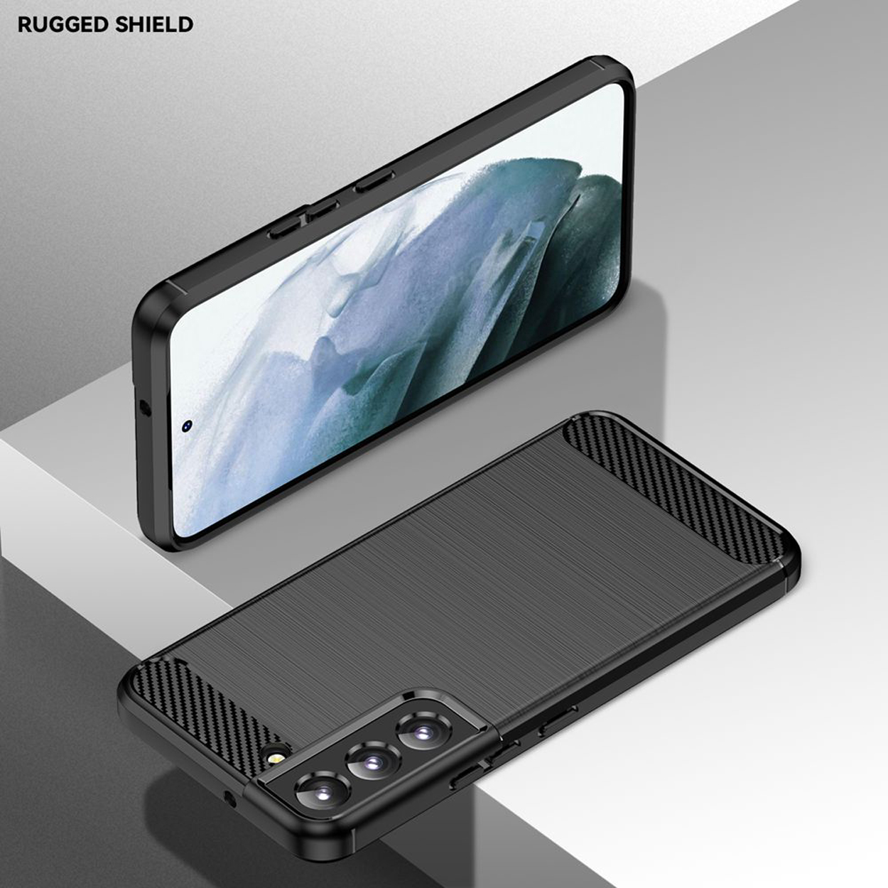 Twee aanzichten van een zwarte telefoonhoes. De Rugged Shield op een wit en grijze achtergrond. De hoes is zwart.