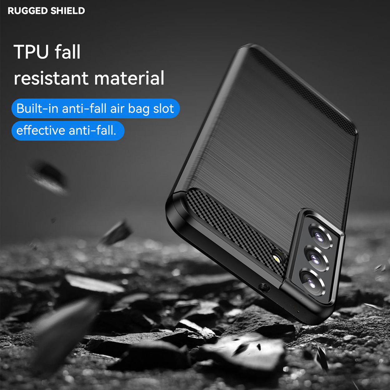 Zwarte telefoonhoes met een robuust ontwerp. Tekst luidt "TPU valbestendig materiaal".