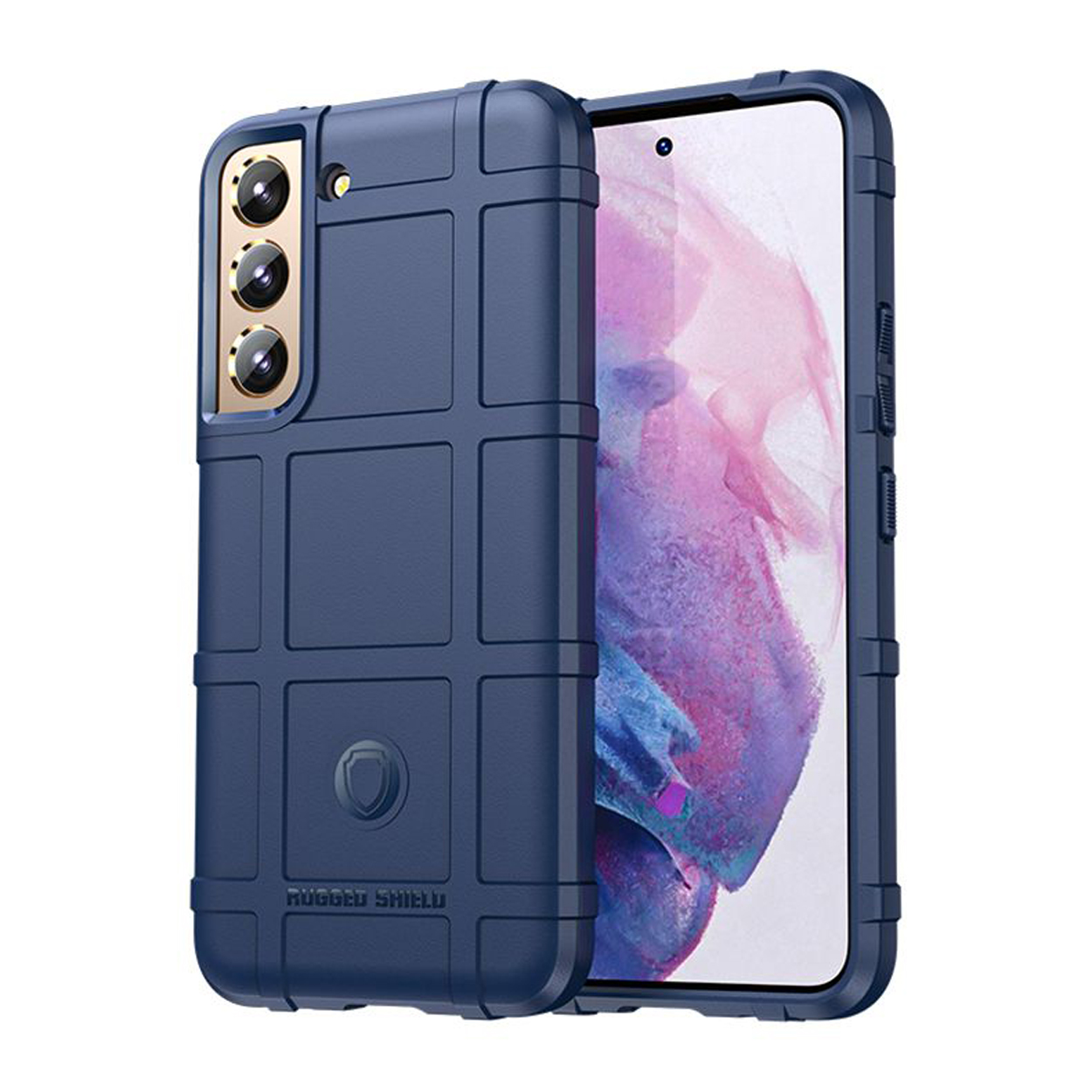 Blauwe robuuste telefoonhoes. De hoes zit op een telefoon, met een textuurrasterpatroon.