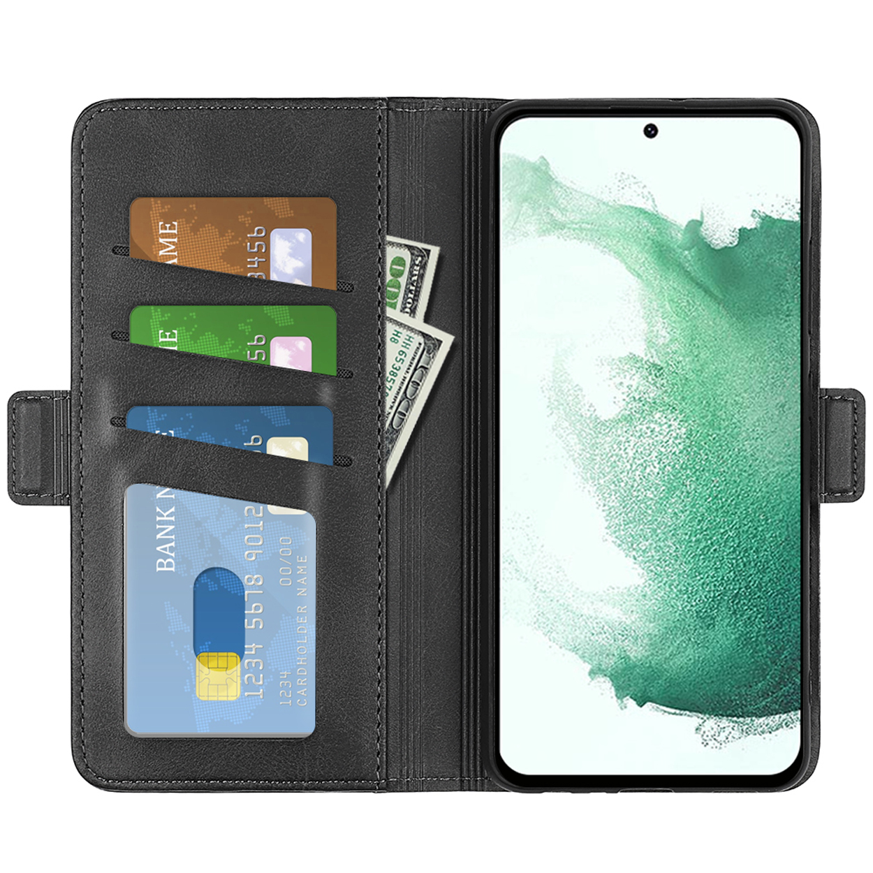 Zwarte telefoonhoes met creditcards, contant geld en een telefoon. Zwarte lederen buitenkant.