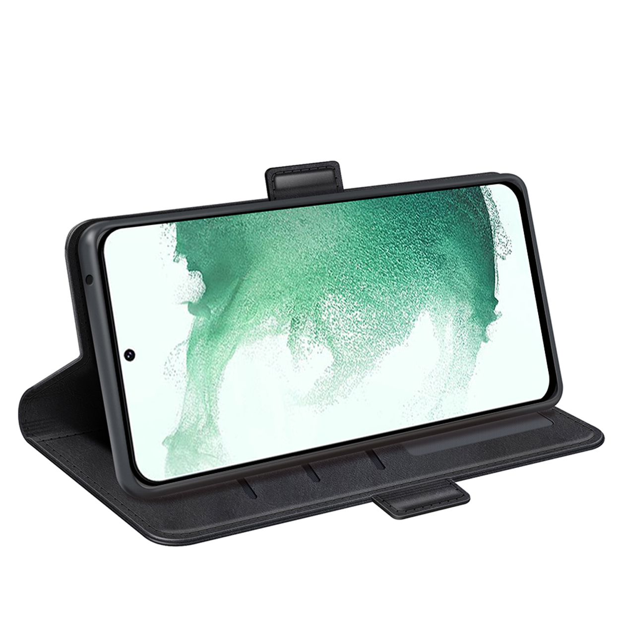 Zwarte telefoonhoes open met telefoon in de hoes.