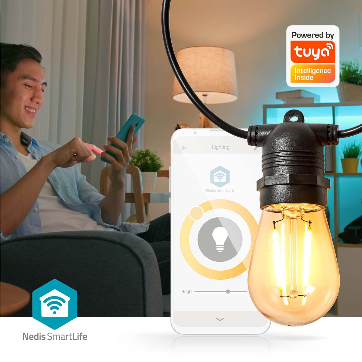 Man using a phone to control smart lights, with a lightbulb and a smart home app.