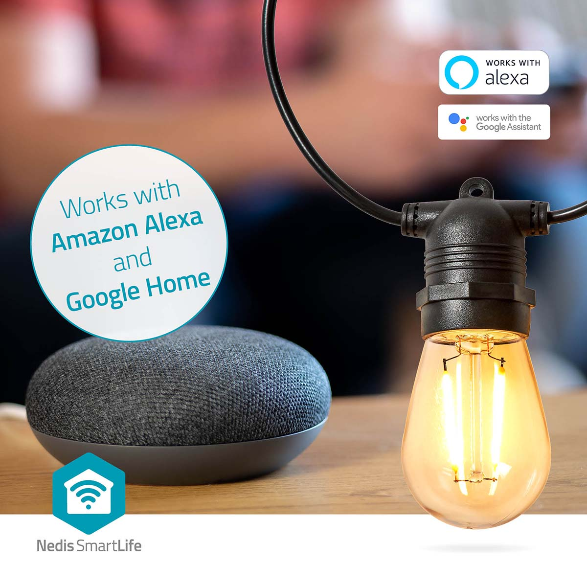 Smart speaker and light bulb on a wooden surface. Alexa and Google Assistant compatibility icons are present.