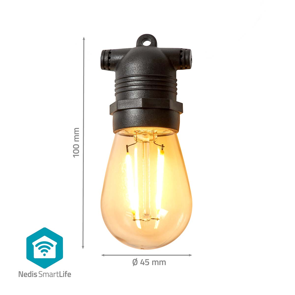 A light bulb with a black top. It is in front of a white background with dimensions.