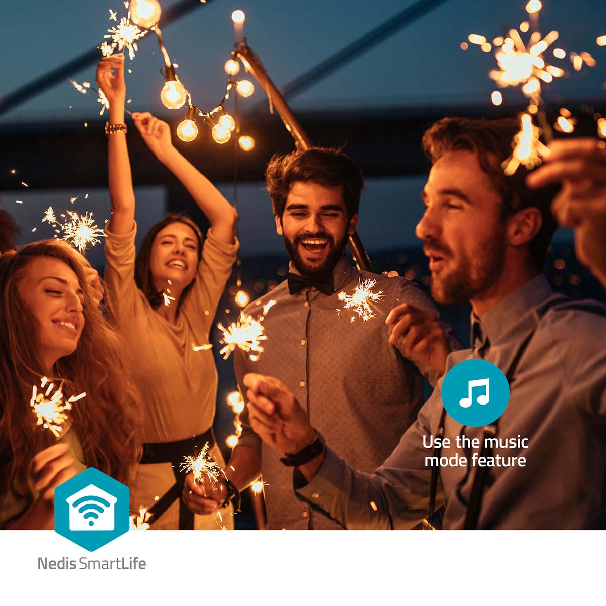 Group of people at night with sparklers and a music note icon.