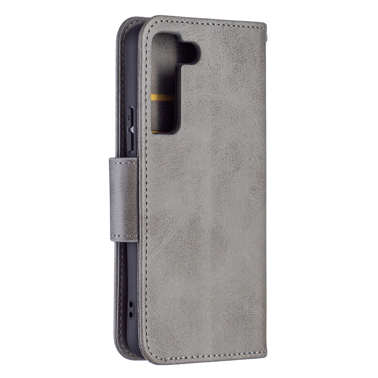 Grijze leren telefoonhoes, opgevouwen, met magnetische sluiting. Stiksels zichtbaar. Telefoon zit erin.
