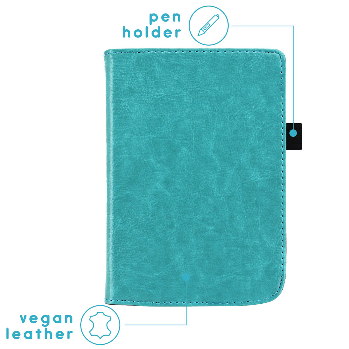 Turquoise vegan leren notitieboek. Pennenhouder en vegan leren details.