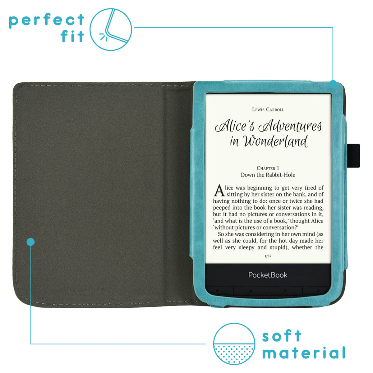 Een open boekhoes met een tablet erin. De tablet toont de cover van 'Alice in Wonderland'.