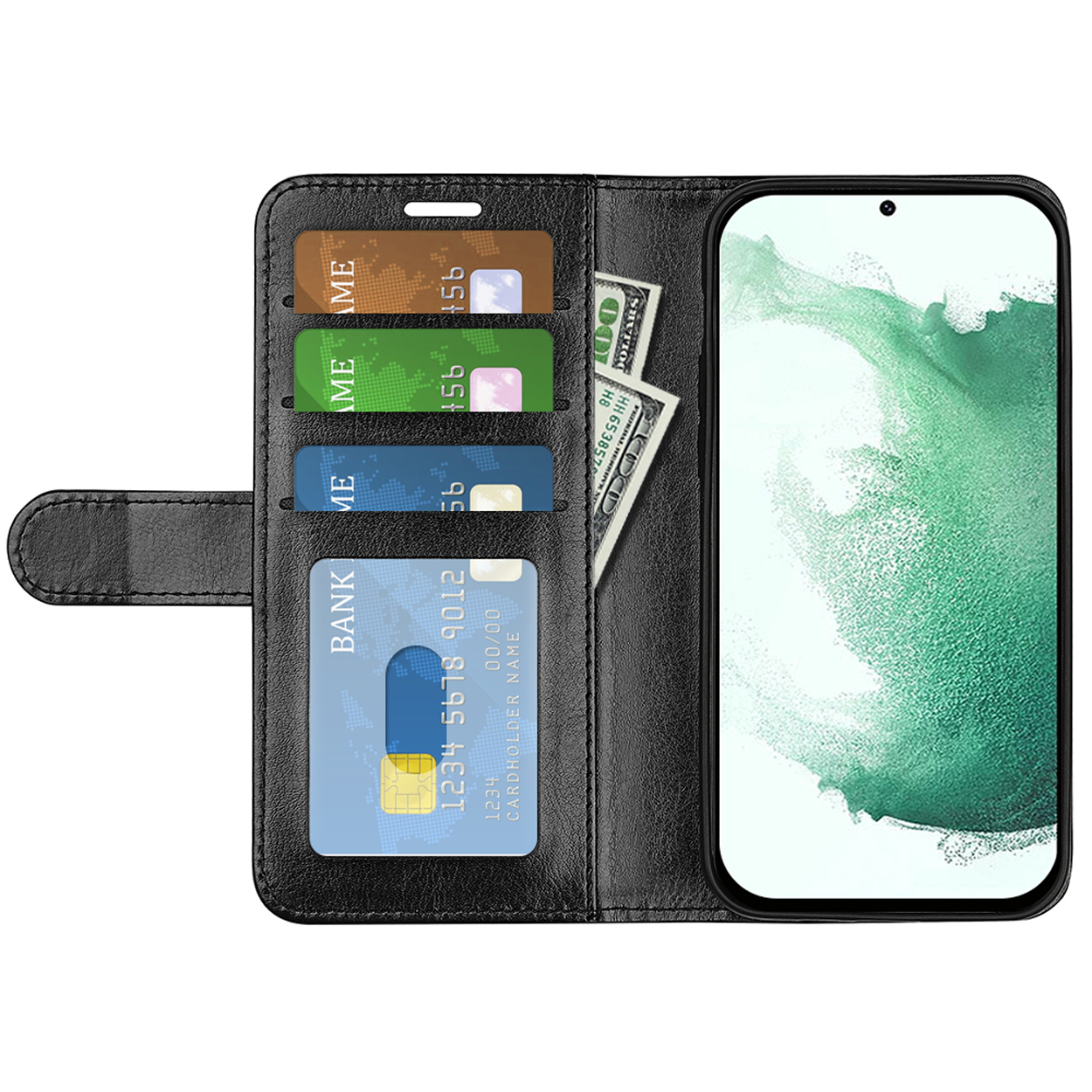 Open zwarte leren telefoonhoes met geld en kaarten. Telefoon rechts zichtbaar.