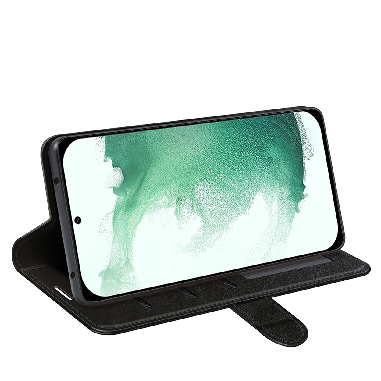 Een zwarte telefoonhoes portemonnee open. De telefoon zit in de hoes en het scherm is zichtbaar.