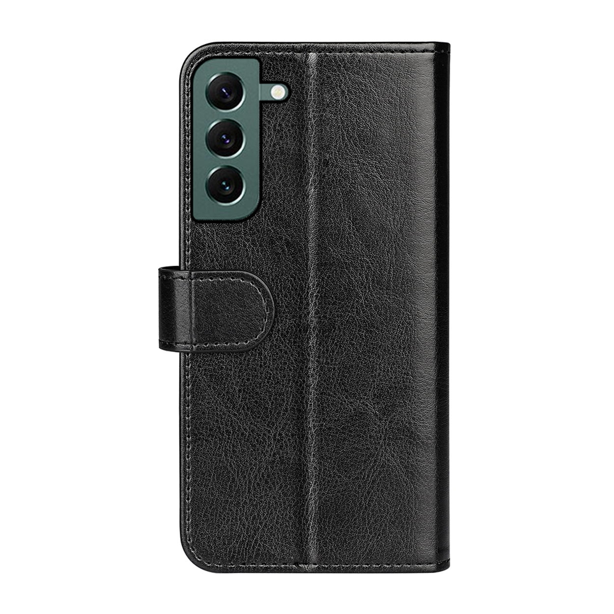 Een zwarte leren telefoonhoes is gesloten, met een telefoon. De hoes heeft een sluiting.