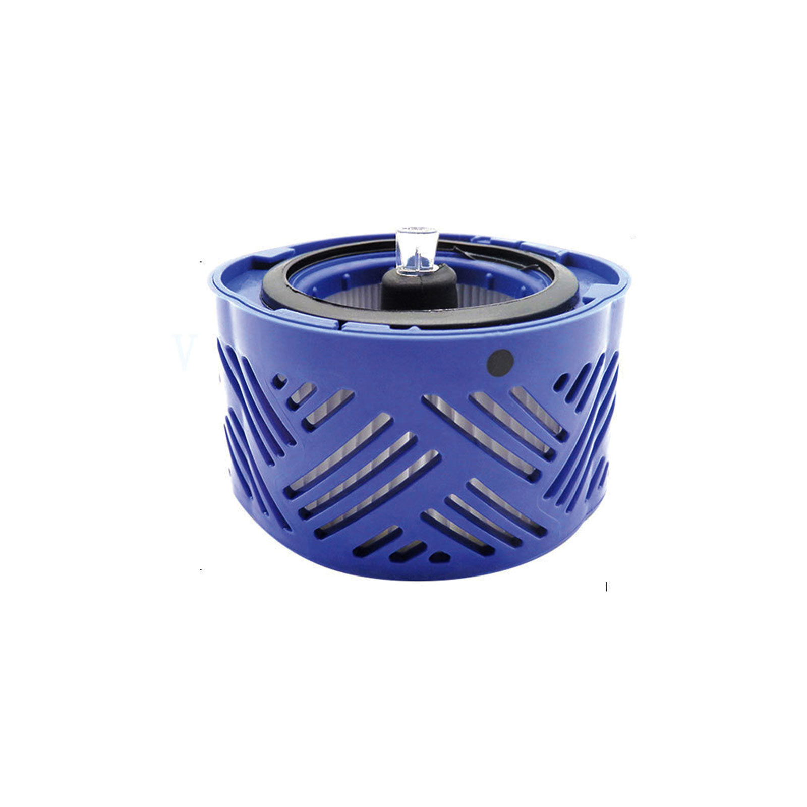 Blauer Staubsaugerfilter mit schwarzem und silbernem Innenraum. Weißer Hintergrund.