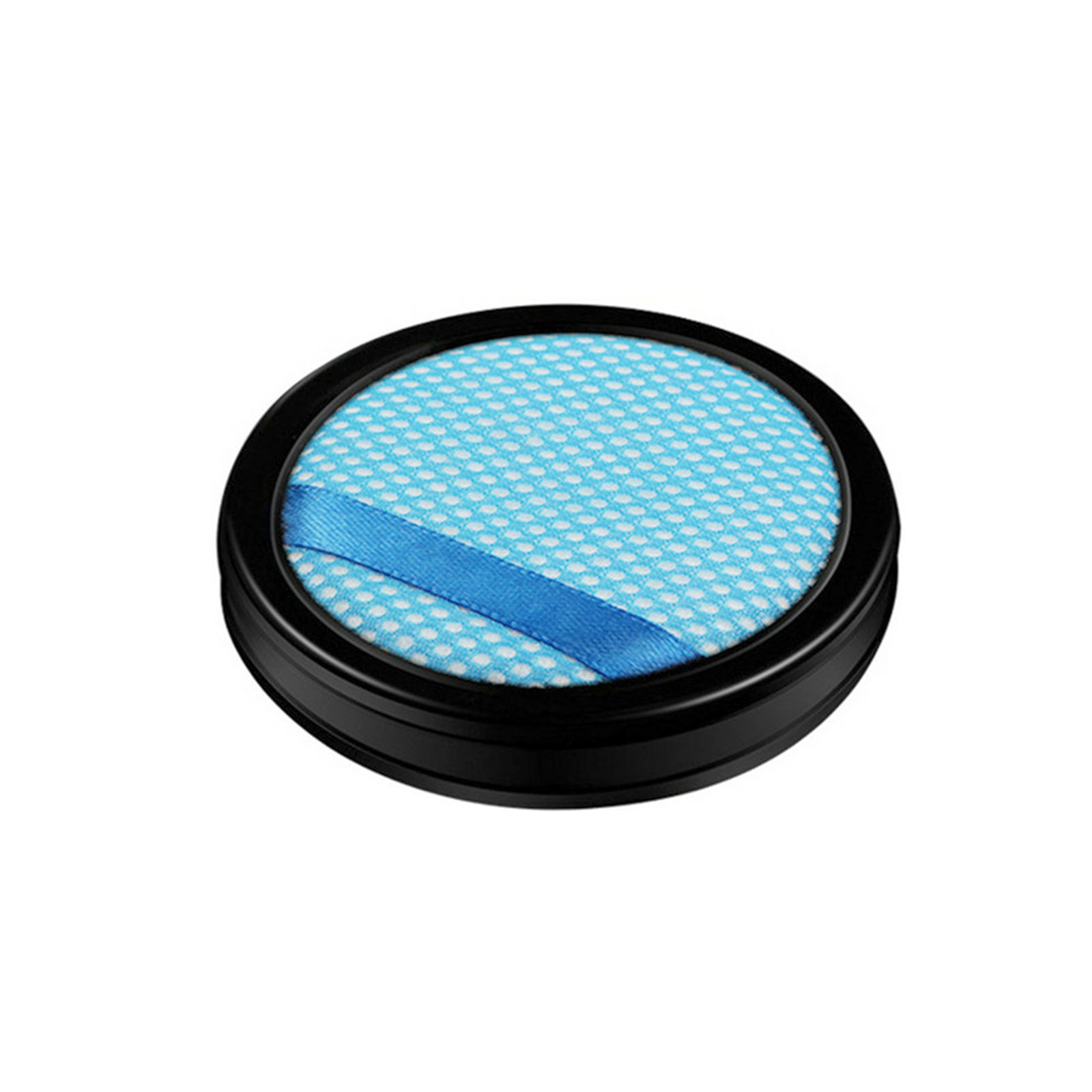 Runder Filter mit blauem Netz und schwarzem Rahmen.