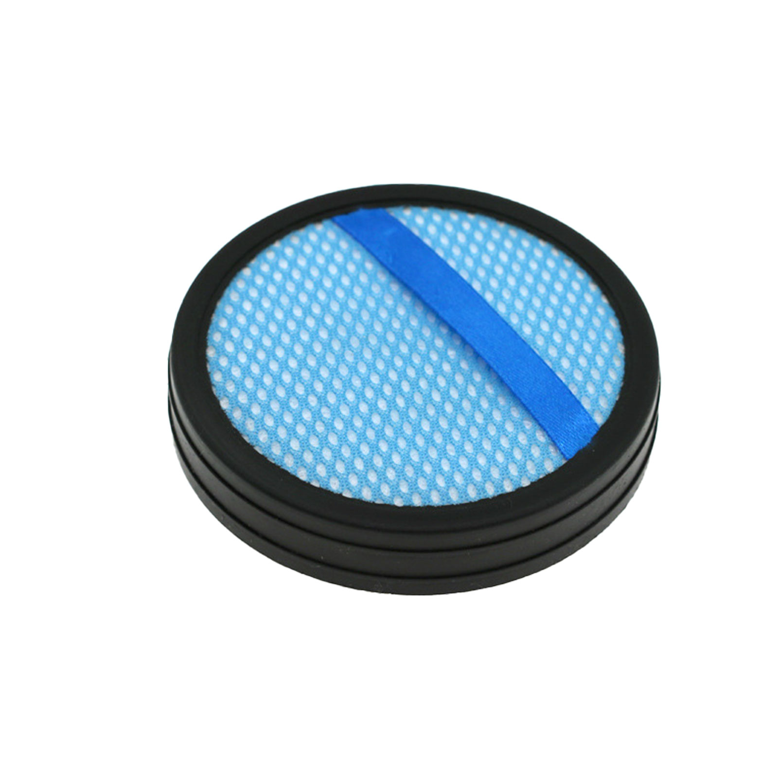 Ein blau-weißer Filter mit schwarzem Rahmen. Er ist kreisförmig mit einem Netz und einem blauen Streifen.