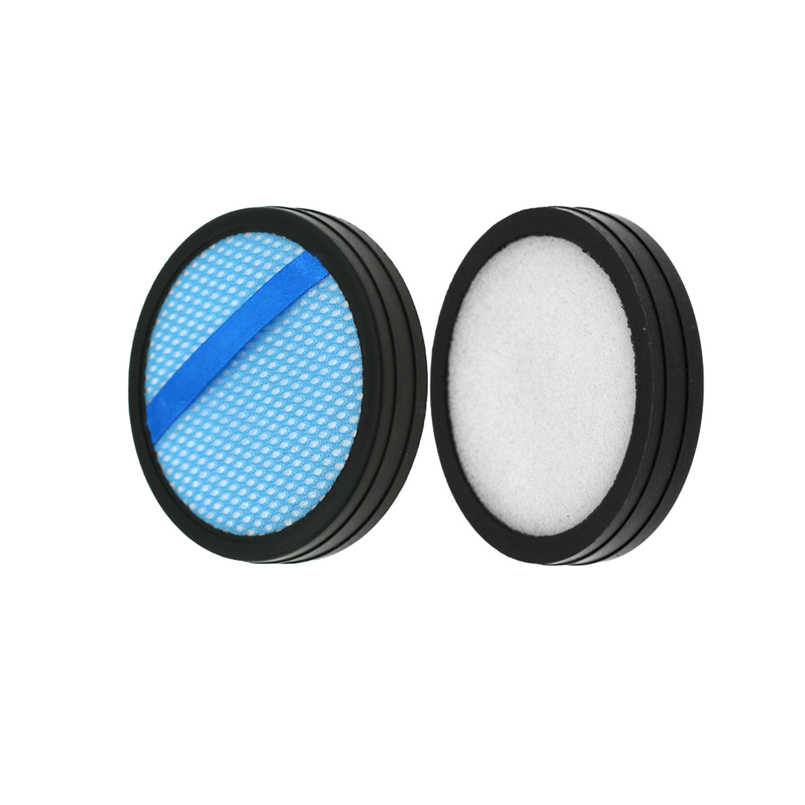 Zwei runde Luftfilter mit schwarzen Rahmen. Einer hat ein blaues und weißes Netz.