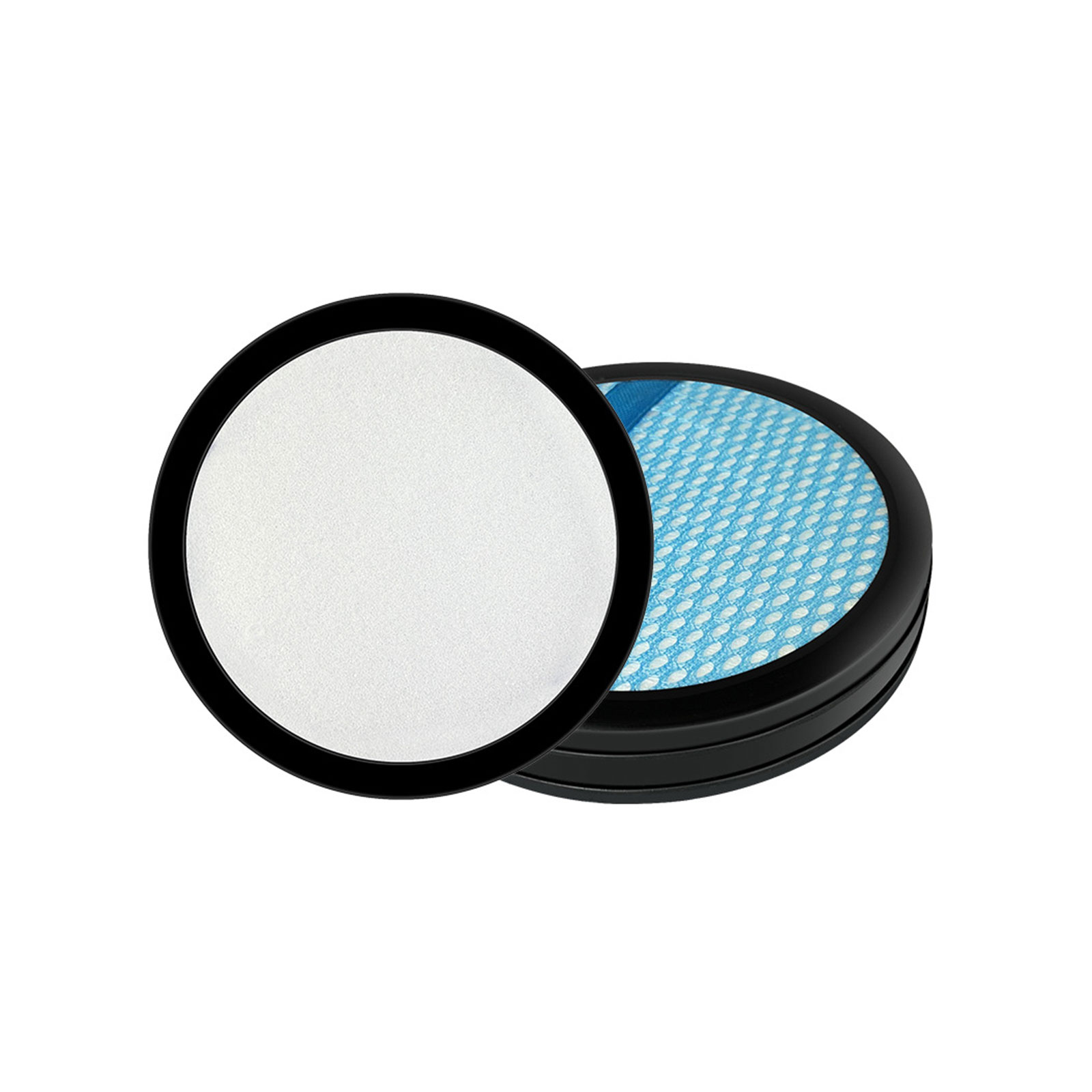 Zwei Luftfilter. Einer weiß, einer blaues Netz, beide in schwarzen Rahmen. Weißer Hintergrund.