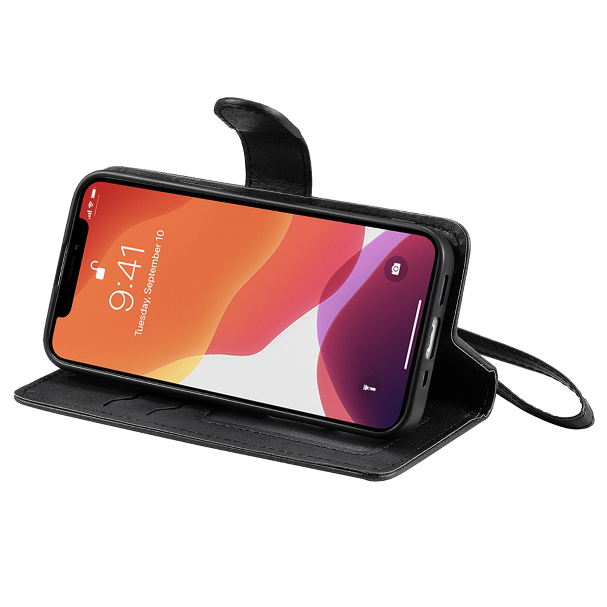 Open black phone case holding a phone. Shows a phone with an orange screen and a strap.