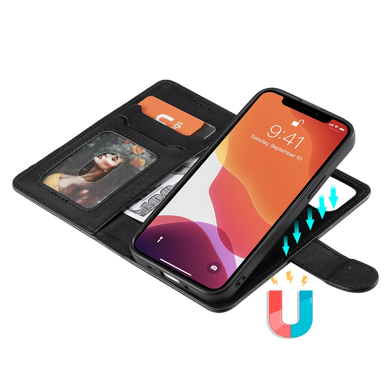 Black phone case open with a phone, cards and a magnet.