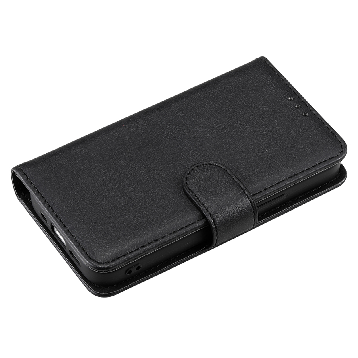 A closed black leather phone case with a clasp. The case is on an angle.