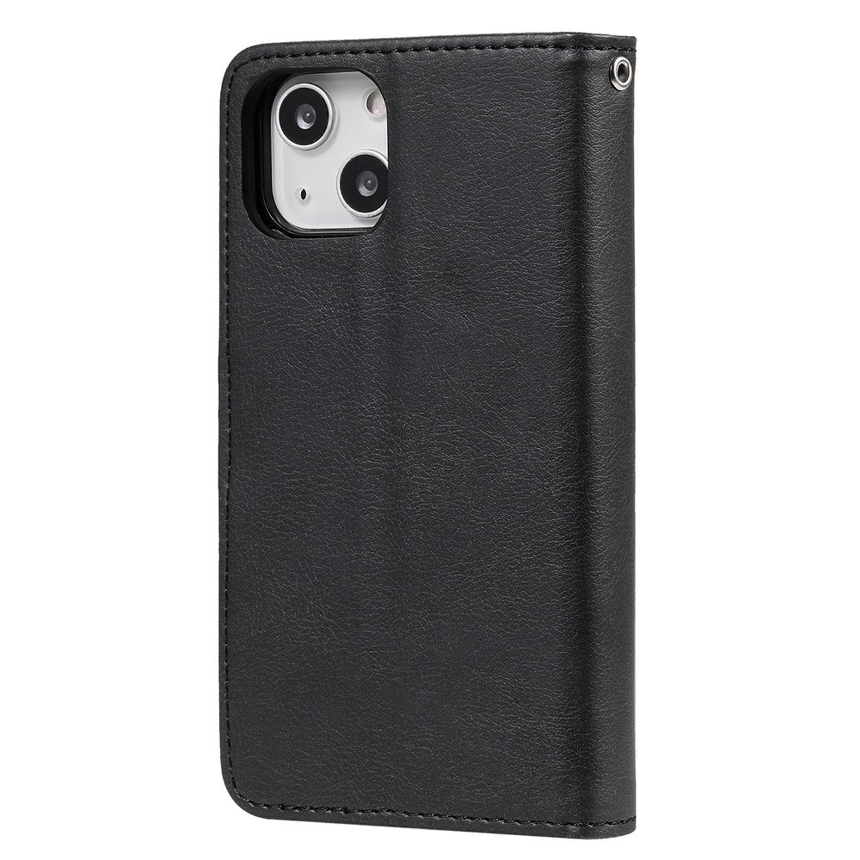 A black phone case with a camera cutout, with an open front.
