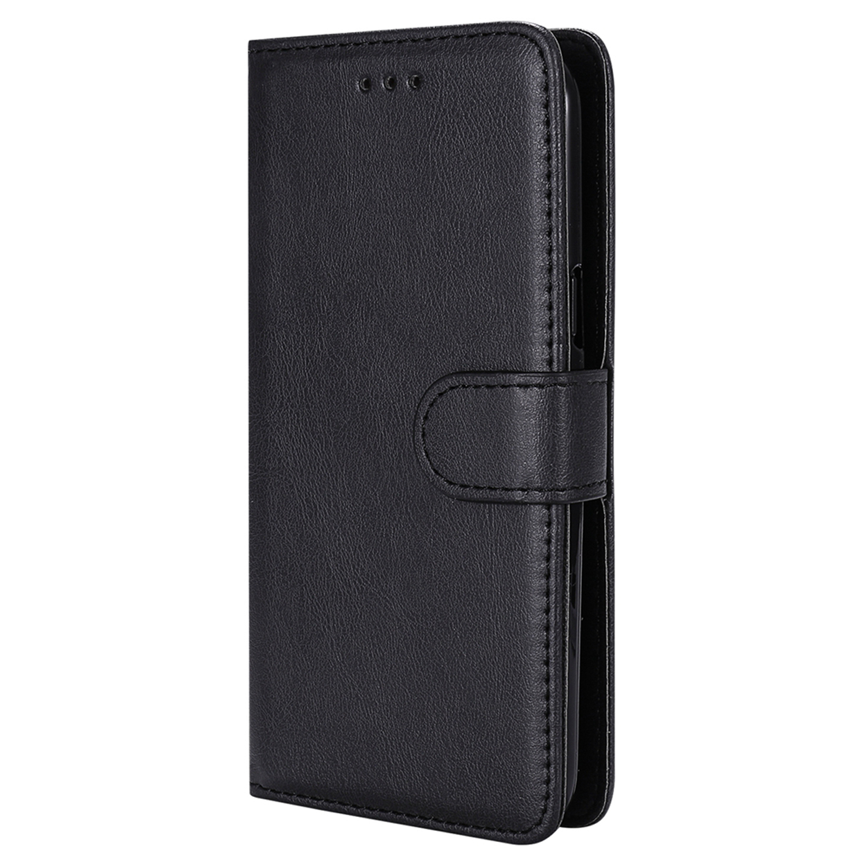 Black leather phone case, closed with a magnetic flap. It has a button closure.