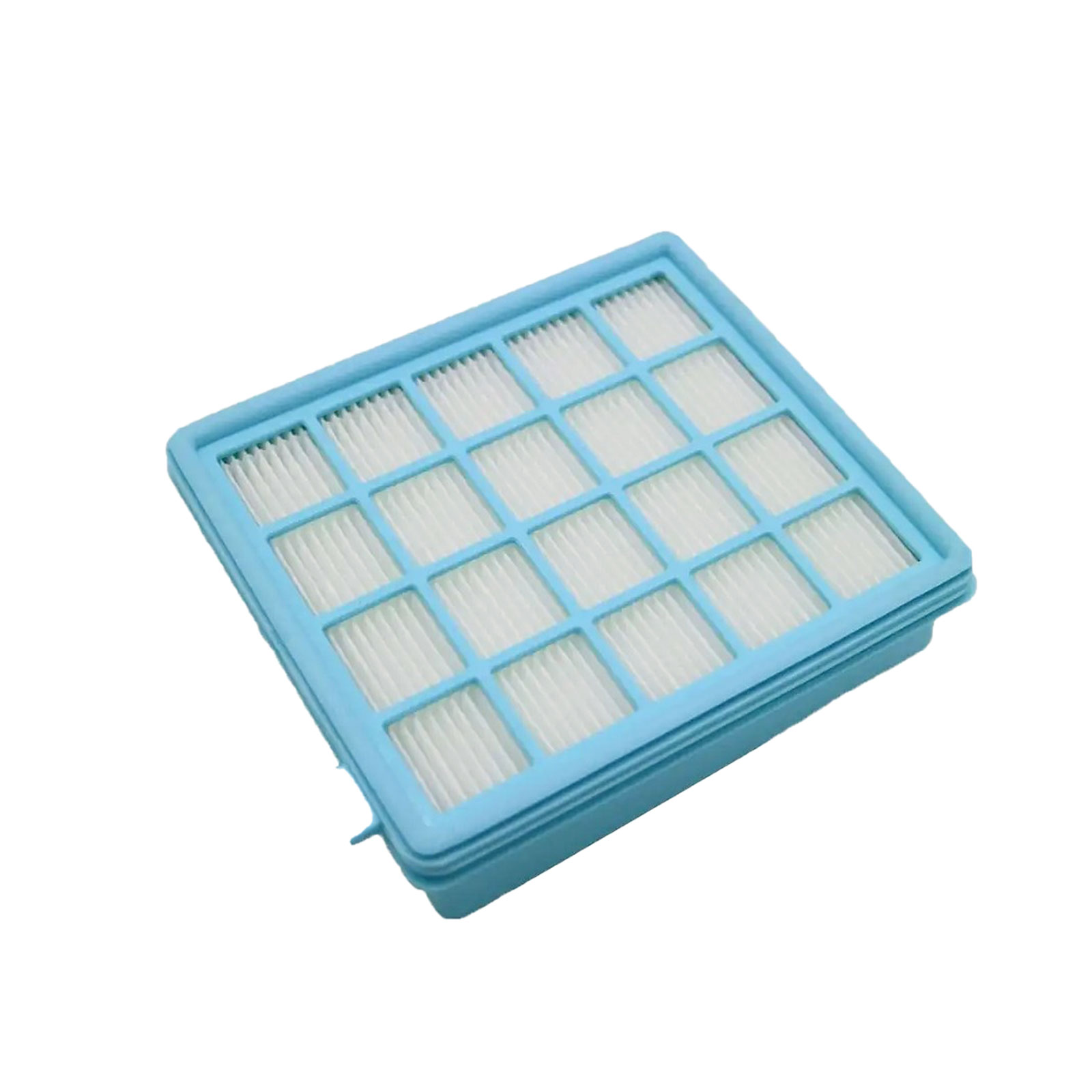 Ein rechteckiger Luftfilter in einem blauen Rahmen. Weißes Filtermaterial. Isoliert auf weißem Hintergrund.