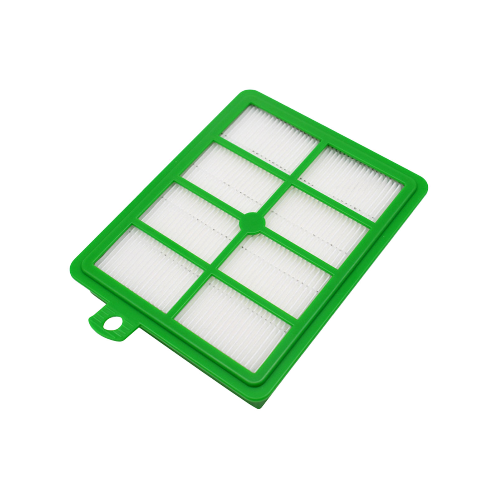 Ein grüner Staubsaugerfilter mit weißem Filtergitter.