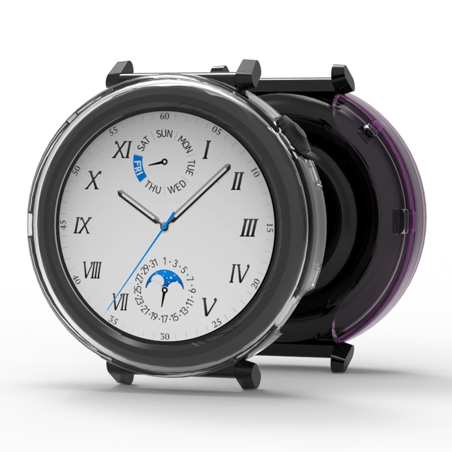Schwarze Smartwatch mit weißem Zifferblatt, römischen Ziffern und Tagesanzeige. Transparente Schutzhülle ist offen.