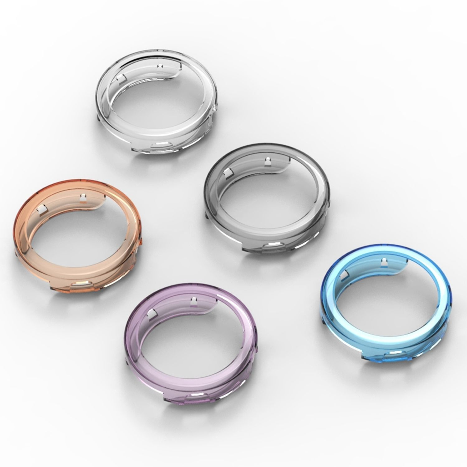 Fünf farbige Uhrenlünetten: transparent, pfirsichfarben, grau, lila und blau. Alle kreisförmig, auf weißem Grund.